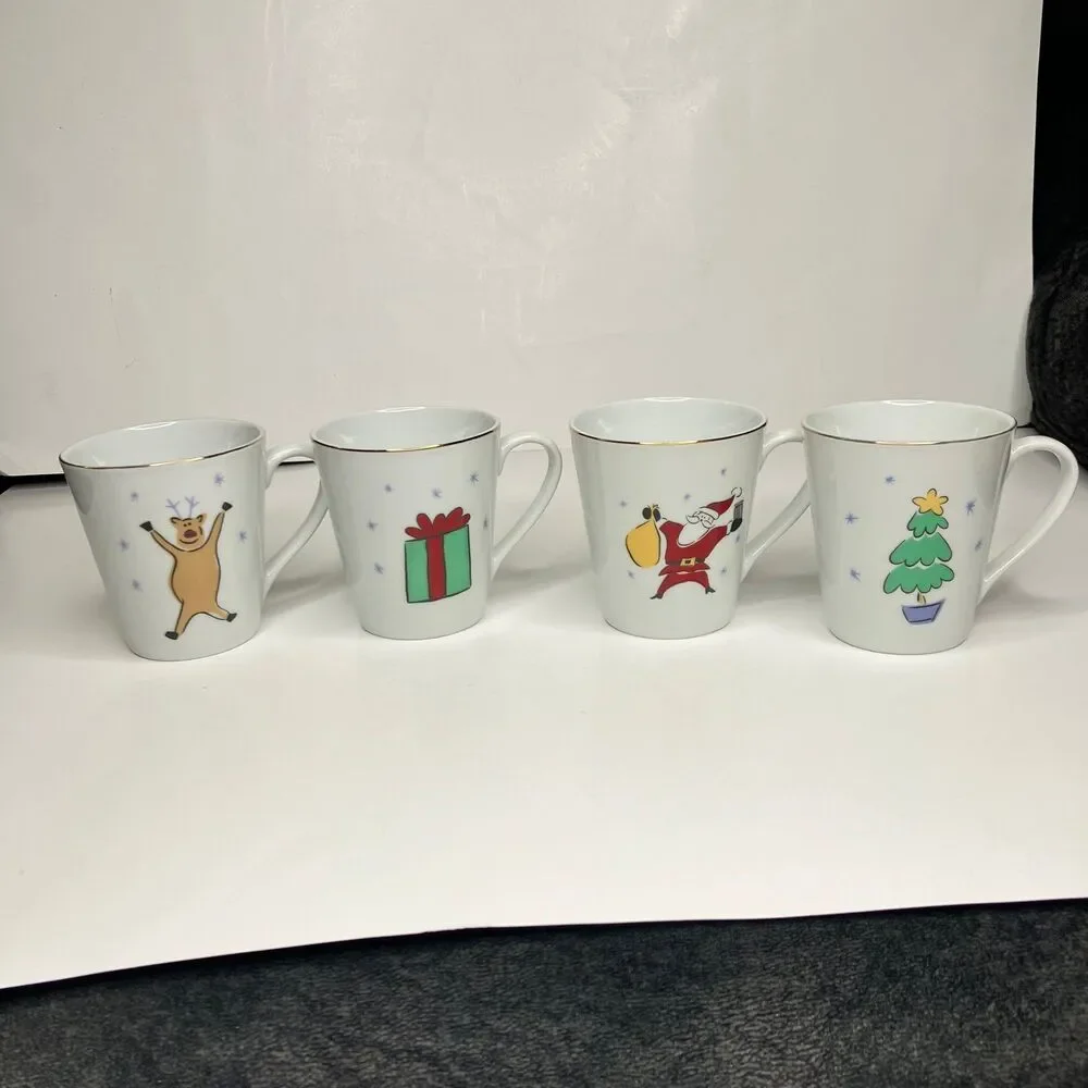 Merry Brite Merry Christmas Coffee Mugs Cups Set Of 4 Gold Rim Holiday Santa 8oz